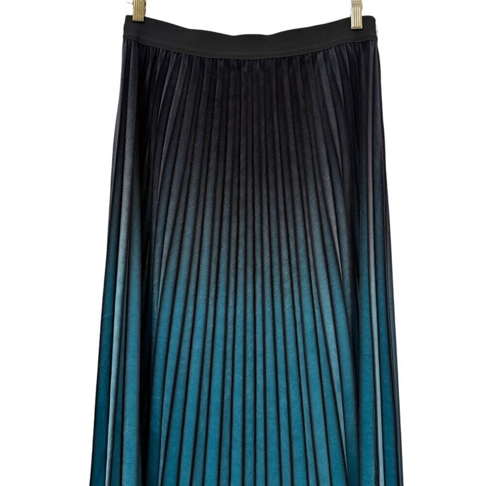 Spanner Velvet Pleated Skirt LargeTeal Black Ombre Elastic Waist Midi Long - Picture 2 of 8